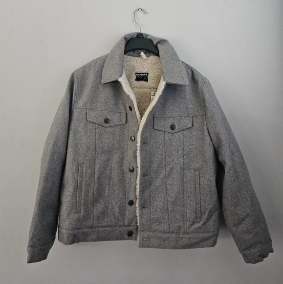 Men's Express Wool Sherpa Lined Trucker Jacket XL Gray - Picture 5 of 9